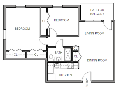 Floor plan for 2 beds, 1 bath, 885 sqft